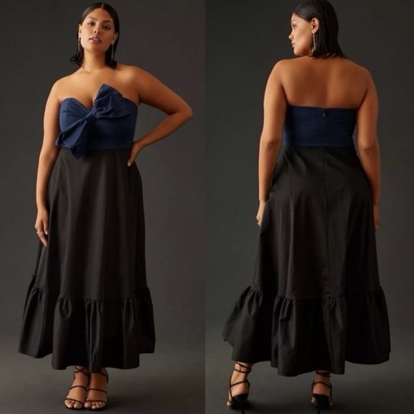 Anthropologie Dresses & Skirts - Hutch Bow Front Strapless Maxi Dress Women 20W Navy Black Colorblock Ruffle Hem